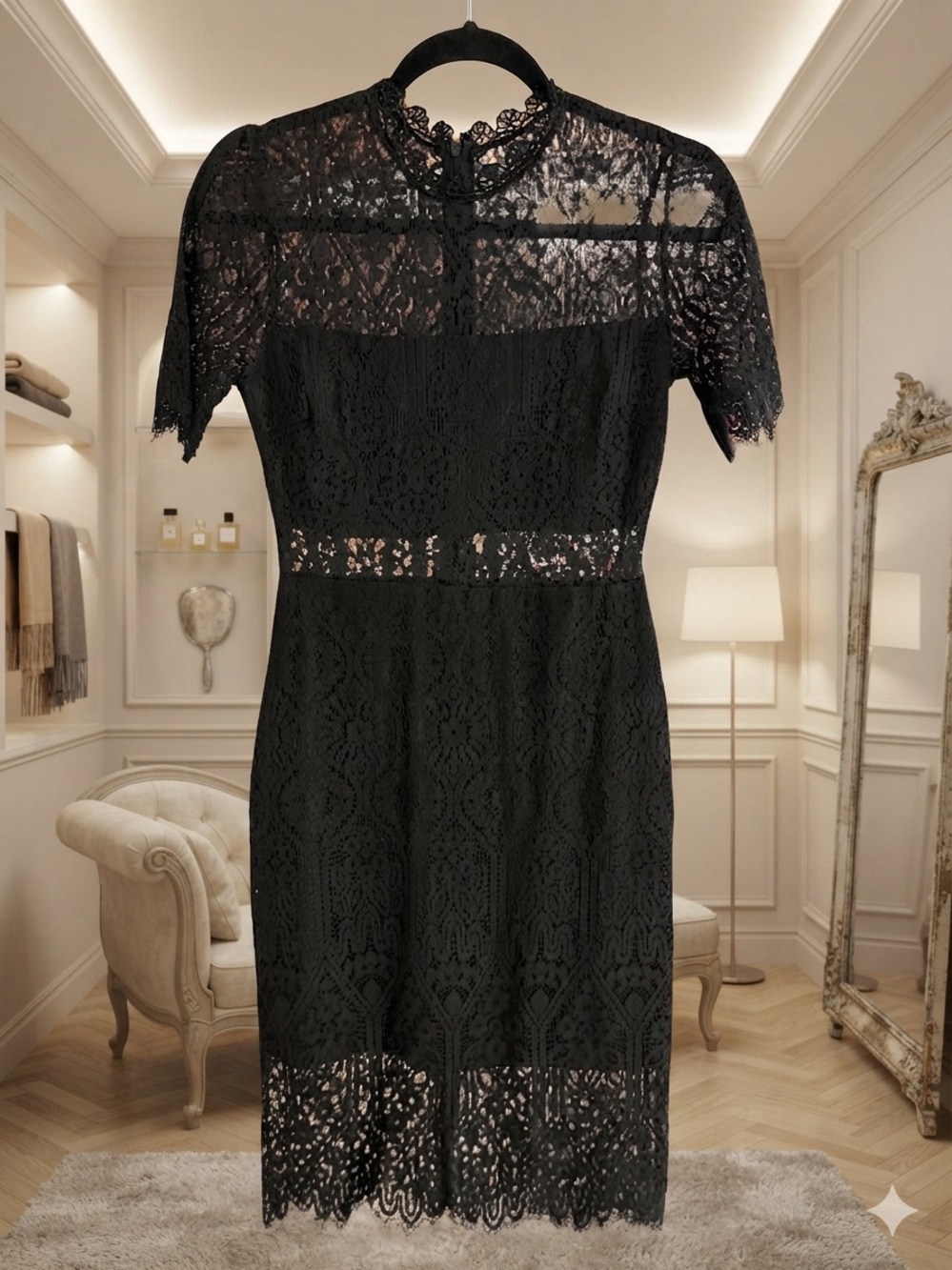 Lulus Black Whimsical Lace Mock Neck Sheath Dress Small EUC - Picture 2 of 14